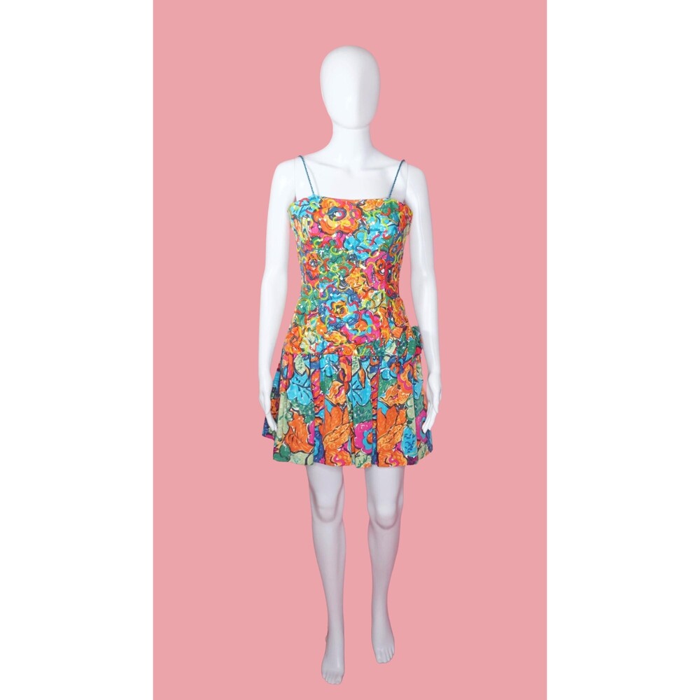 1980s-1990s MIGNON NEW YORK Sequin Floral Mini Dress W/Drop Waist & Rosettes. XS
